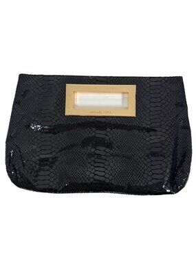MICHAEL KORS - Berkeley Clutch Bag Black Snakeskin Pattern Patent Leather Gold